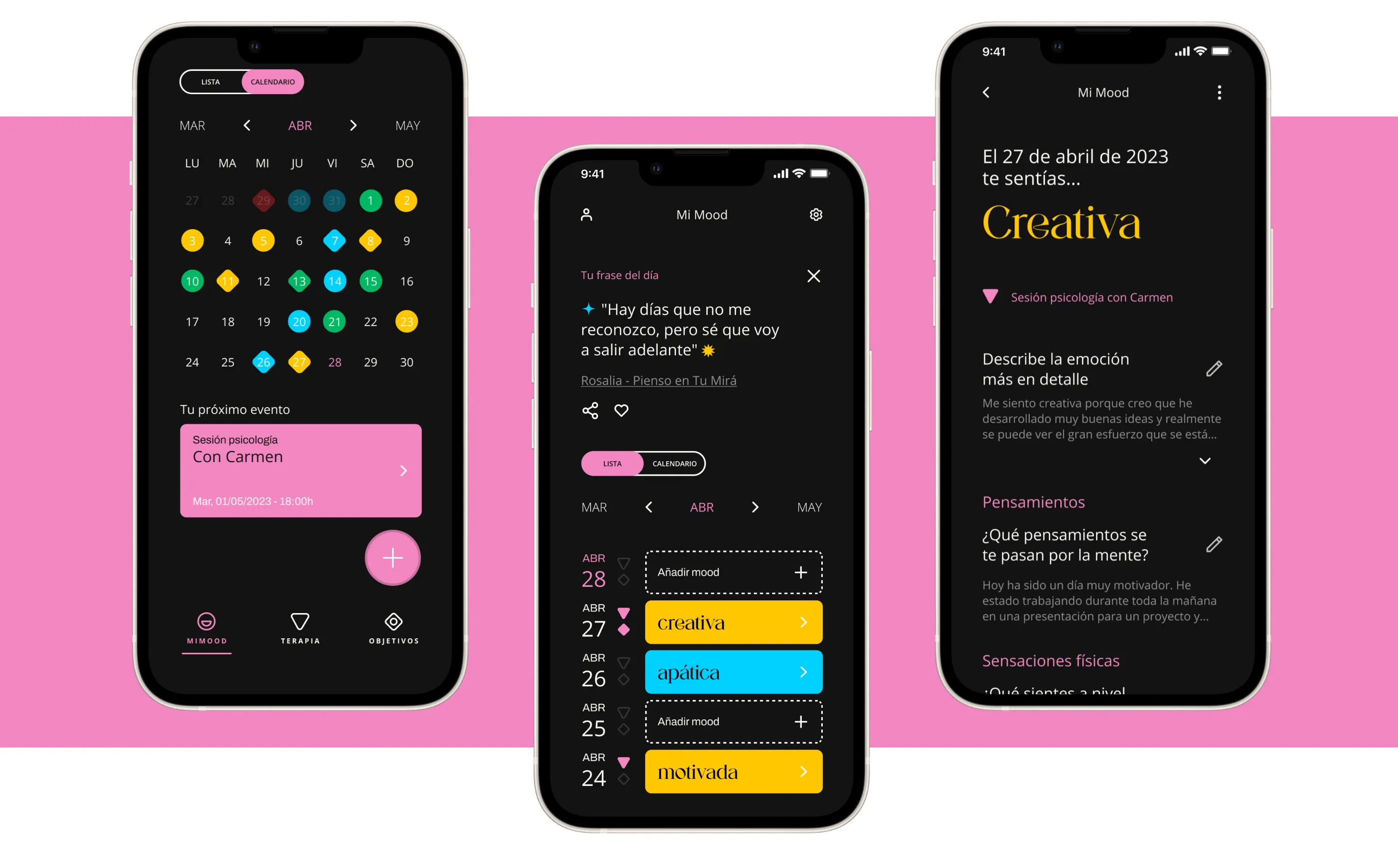 Three KooKoo screens: mood calendar, mood tracking and emotion detail