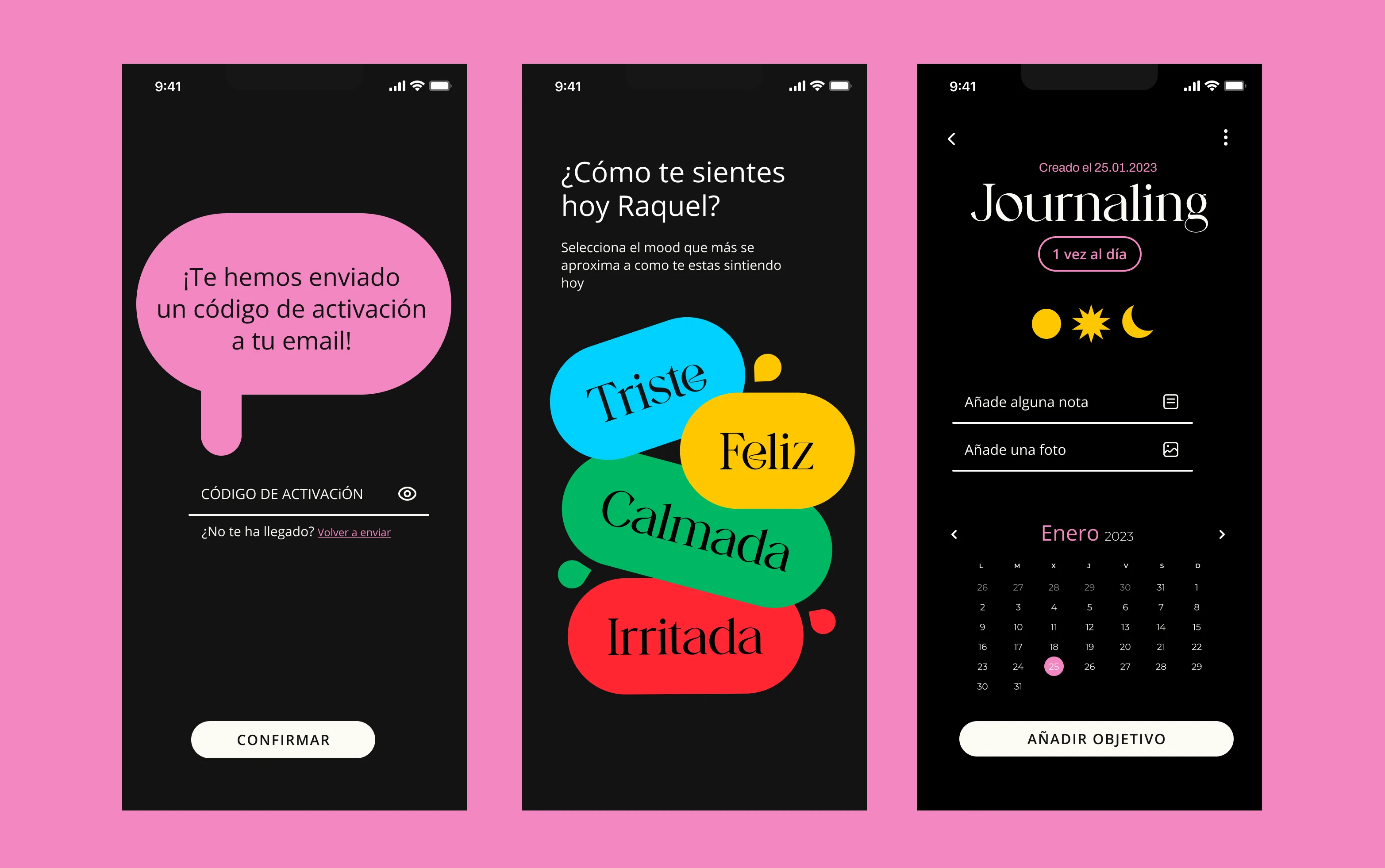 Three KooKoo prototype screens: activation code, mood selection and journaling