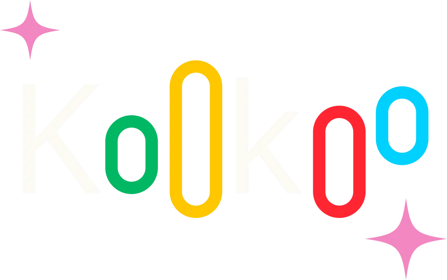 KooKoo logo: colorful letters with two stretching “o”s and pink sparkles