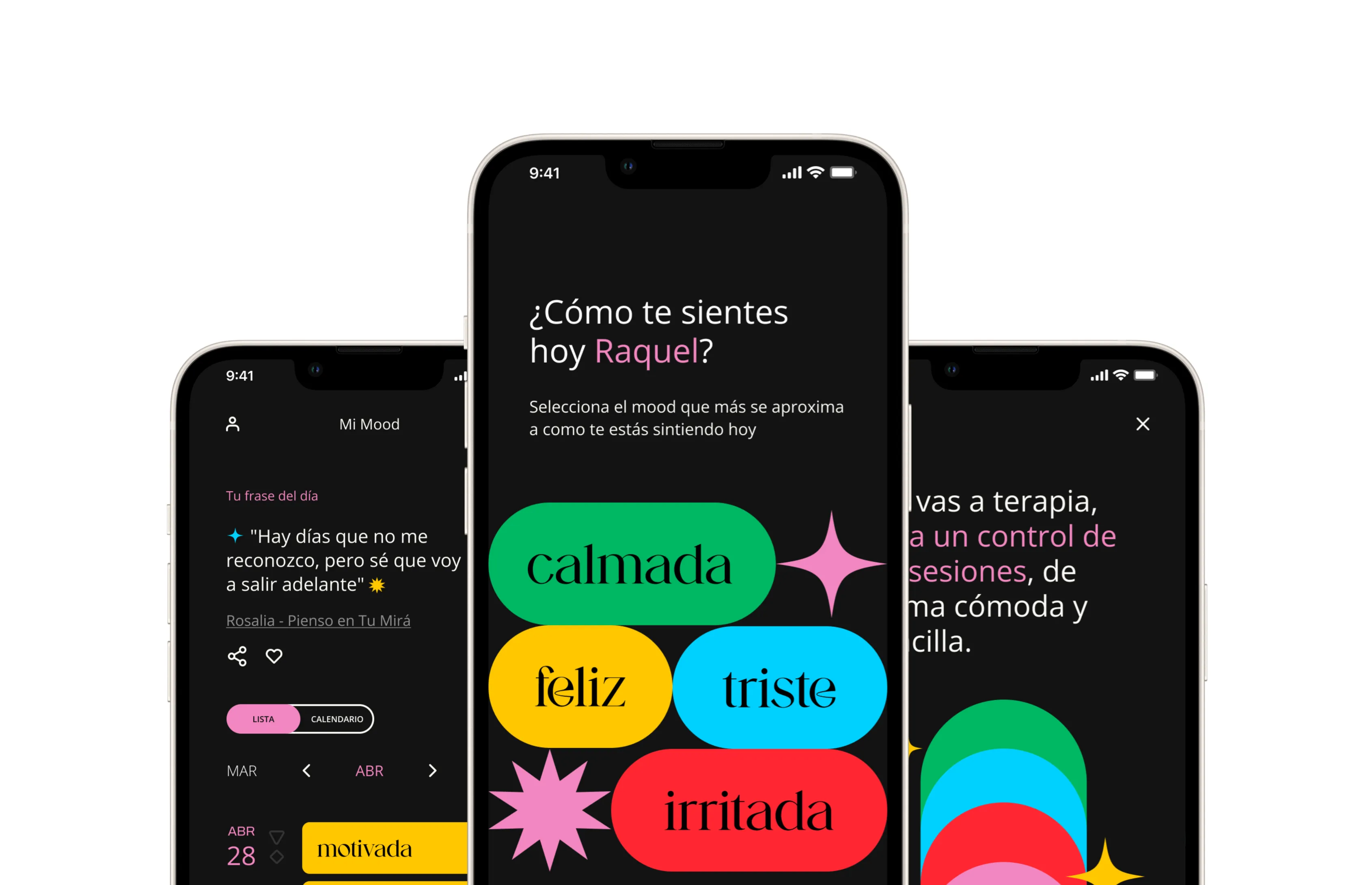 Three KooKoo screens: mood journal, mood selection and therapy onboarding