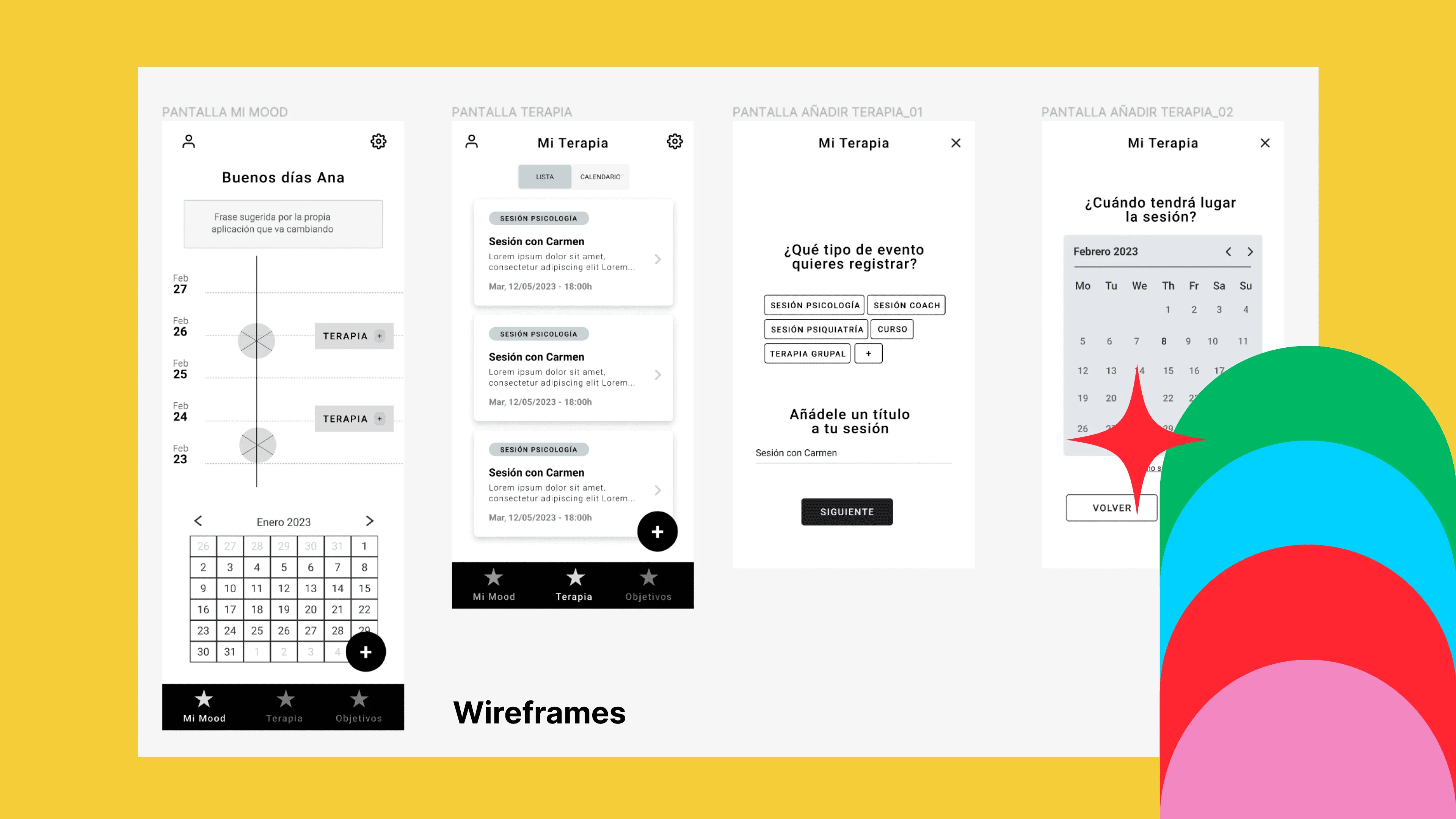 KooKoo wireframes for My Mood, My Therapy and My Goals
